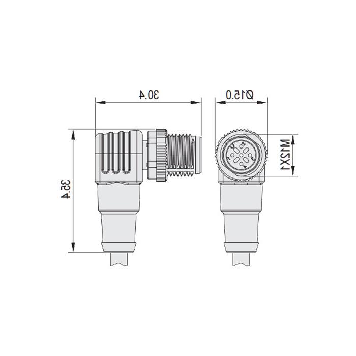 M12 5Pin, male head 90°, pin 5 gray, single-end pre-cast PVC non-flexible cable, gray sheathed, 64S563-XXX